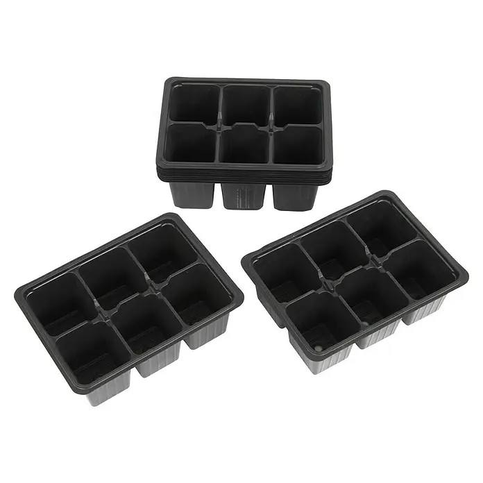 Floraworld Anzuchttopf - L x B x H: 18 x 13,5 x 6 cm, 60 Stk., Schwarz - Schwarze Anzuchtschalen mit je sechs Fächern zum Vorziehen von Pflanzen und Kräutern im Haus oder Gewächshaus.