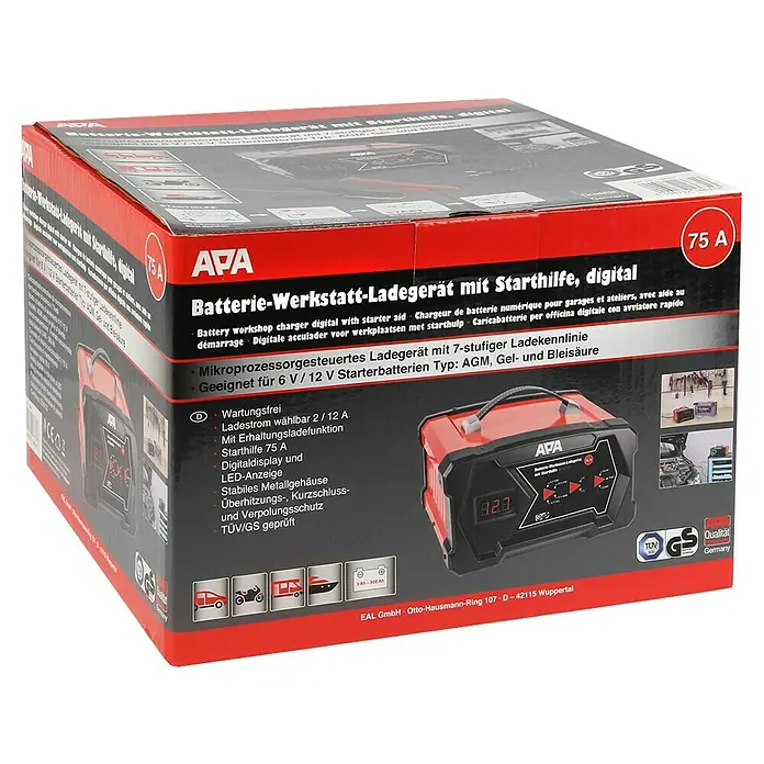 APA Cargador para el taller - Corriente de carga: 2 A - 12 A - Imagen del cargador de taller de baterías APA con arranque digital, 75 A. Este cargador es ideal para baterías de 6V/12V.
