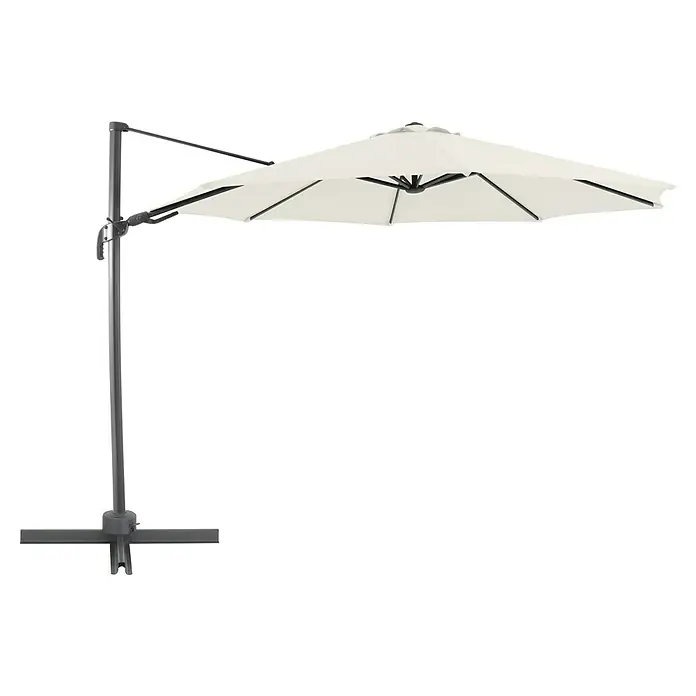Sunfun Schirmbezug Capri - Natur, Passend für: Sunfun Ampelschirmgestell Capri Ø 350 cm - Ein freistehender, weißer Sonnenschirm mit einem robusten, grauen Ständer, ideal für den Einsatz im Freien und zum Schutz vor der Sonne.