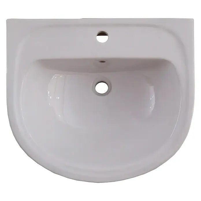 Lavabo Bahia - 55 x 46,5 cm, Orificios para grifo: Medio, Con desbordamiento, Blanco - Primer plano de un lavabo de cerámica blanca con orificio para grifo y rebosadero. Presenta un diseño moderno y minimalista.