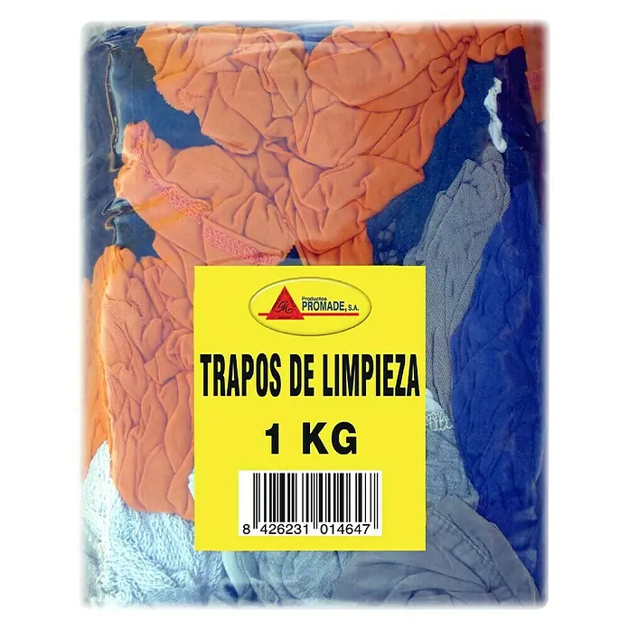 Promade Trapo de limpieza - 100% algodón, 1 kg - Imagen de un paquete de 1 kg de trapos de limpieza 'Trapos de Limpieza', empaquetados en plástico transparente con etiqueta amarilla.