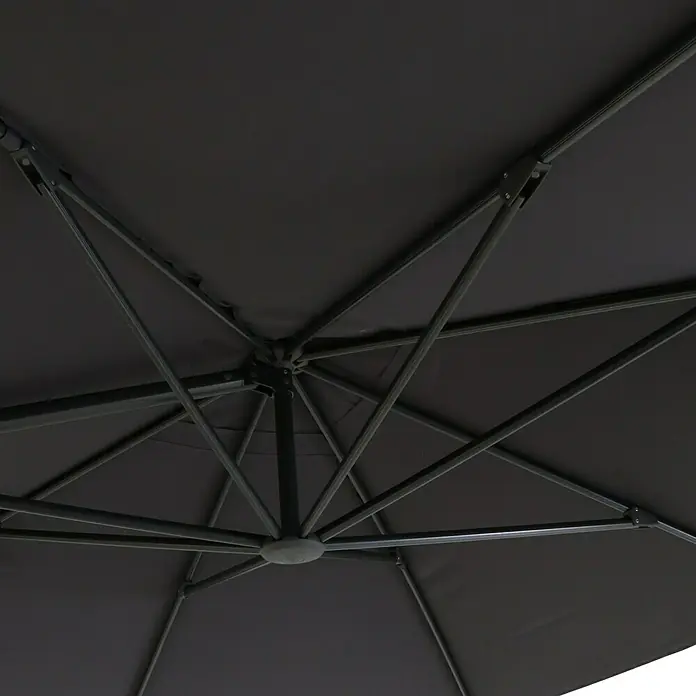 Sunfun Parasol de jardín Capri - Antracita, 300 x 350 cm, Aluminio - Vista desde abajo de la sombrilla, destacando su estructura robusta y material de calidad. Ideal para días soleados en el jardín.