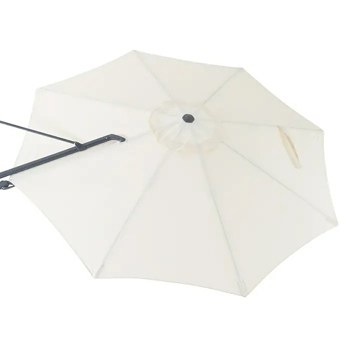 Sunfun Techo de repuesto Ligurien - Crudo, Específico para: Parasol de jardín Sunfun Ligurien - Un paraguas de patio de color crema con un botón negro en el centro da sombra.