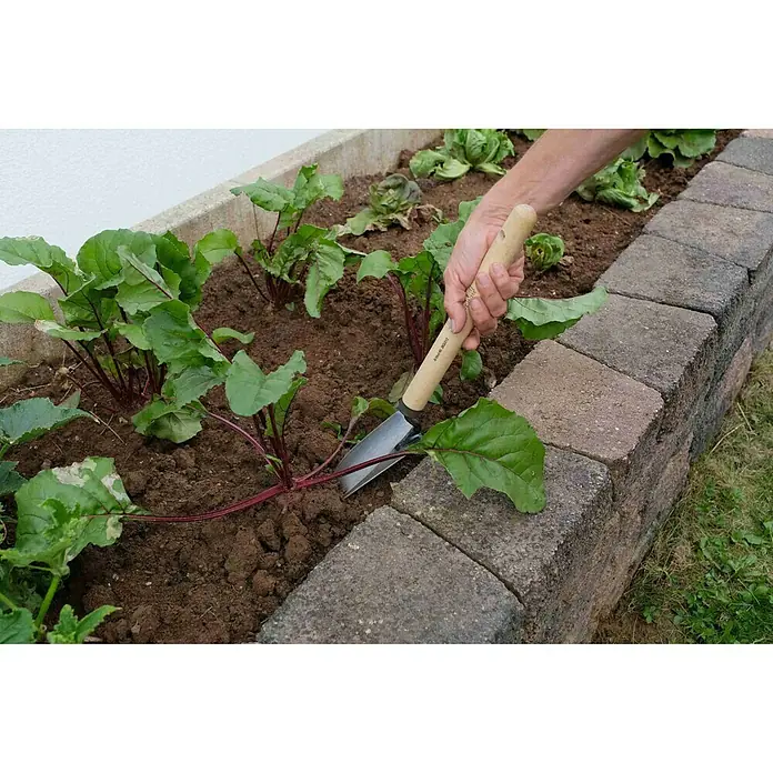 Gardol Hand-Blumenkelle - Material Gerätekopf: Stahl, Kurzstiel - Nahaufnahme einer Person, die eine Gartenkelle in einem erhöhten Beet mit Pflanzen verwendet.