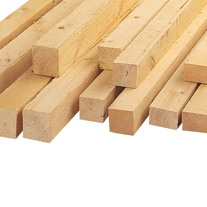 Rahmenholz - 200 x 9,8 x 7,8 cm, Fichte, Naturbelassen - Holzstapel: Nahaufnahme von hellbraunen Holzbrettern mit deutlicher Holzmaserung, die sich ideal für Bau- und Handwerksprojekte eignen.