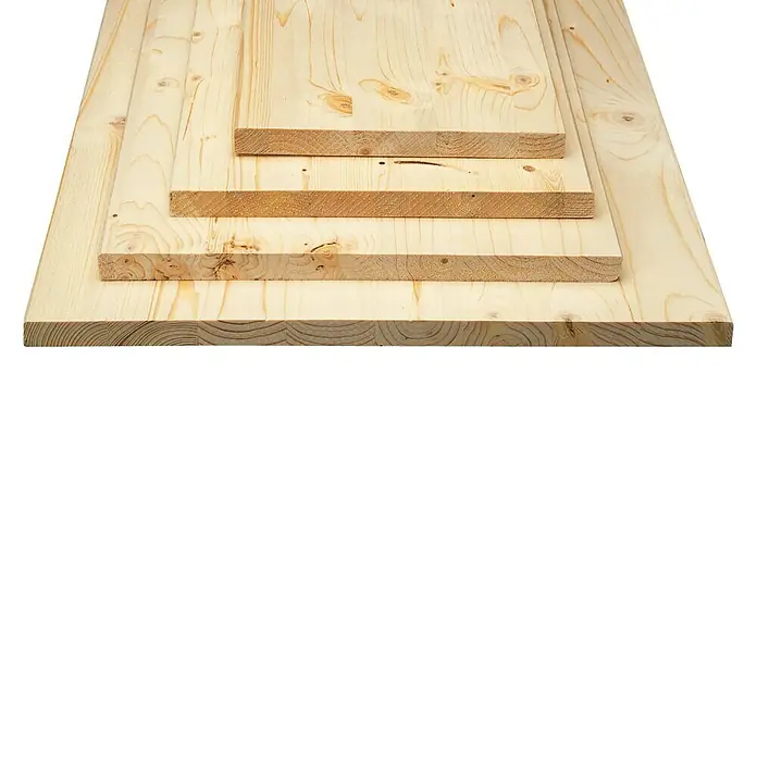 Tablero de madera laminada - Abeto rojo, Nivel de calidad del tablero de madera laminada: B/C, 80 x 25 x 1,8 cm - Productos de madera: Primer plano que muestra tablones y listones de madera con grano y textura visibles, ideales para construcción o proyectos artesanales.