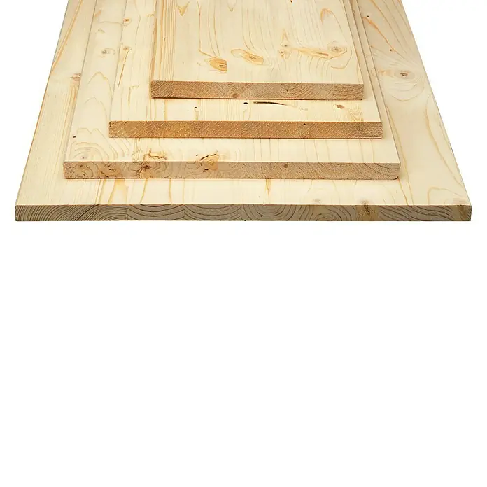 Tablero de madera laminada - Abeto rojo, Nivel de calidad del tablero de madera laminada: B/C, 120 x 30 x 1,8 cm - Varias tablas de madera de diferentes tamaños apiladas una encima de la otra, mostrando la veta natural de la madera.