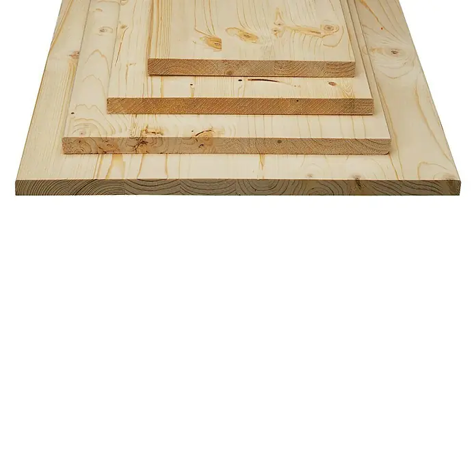 Leimholzplatte Naturwuchs - Kiefer, Qualitätsstufe Leimholzplatte: C/C, 800 x 250 x 18 mm - Mehrere helle Holzbretter unterschiedlicher Größe, gestapelt und zur Ansicht aufgereiht. Das Holz ist naturbelassen und unbehandelt.