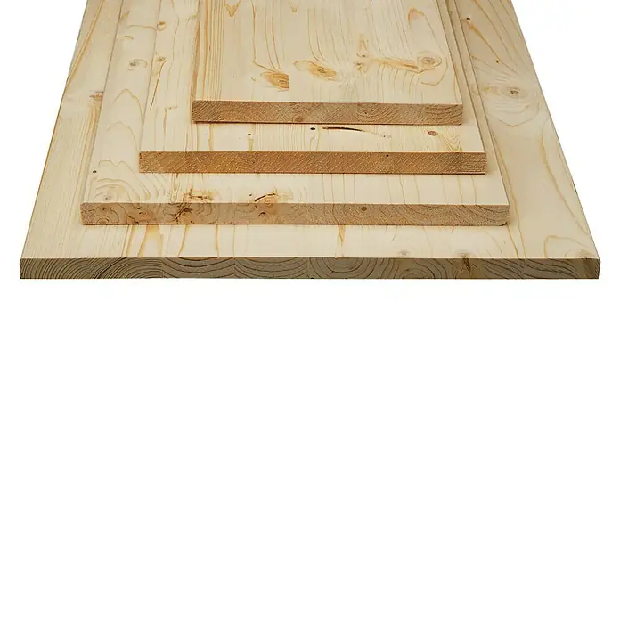 Leimholzplatte Naturwuchs - Kiefer, Qualitätsstufe Leimholzplatte: C/C, 1.200 x 400 x 18 mm - Stapel unbehandelter Holzbretter unterschiedlicher Größen und Stärken, ideal für Bau- oder Bastelprojekte.
