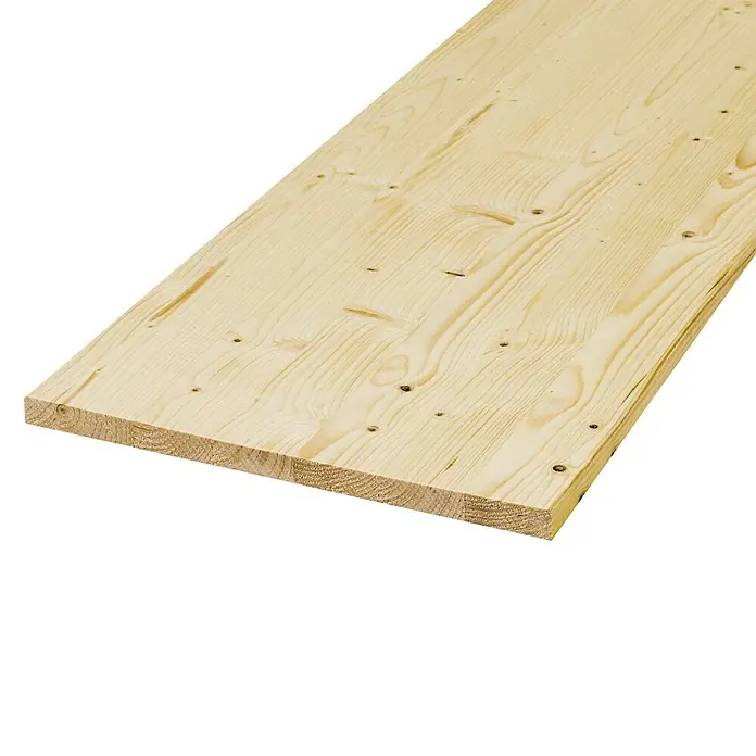 Exclusivholz Leimholzplatte - Fichte, Qualitätsstufe Leimholzplatte: A/B, 2.500 x 250 x 18 mm - Nahaufnahme einer hellen Holzplatte mit Astlöchern und einer deutlichen Maserung auf einem schwarzen Hintergrund.
