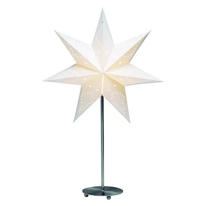 Markslöjd Standstern Saturnus - Ø x H: 45 x 66 cm, Weiß, Netzbetrieben - Beleuchtete weiße sternförmige Papier-Stehlampe mit dekorativen Ausschnitten auf einem silbernen Metallfuß.