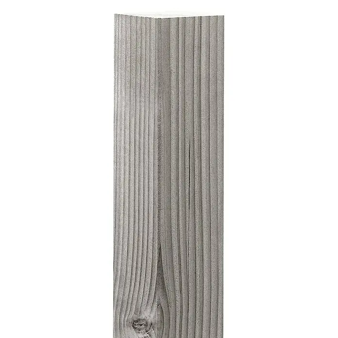 Unterkonstruktion - 300 x 7 x 4,5 cm, Kiefer - Detailaufnahme eines grauen, rechteckigen Holzpfostens mit deutlicher Maserung und einem Astloch am unteren Ende.