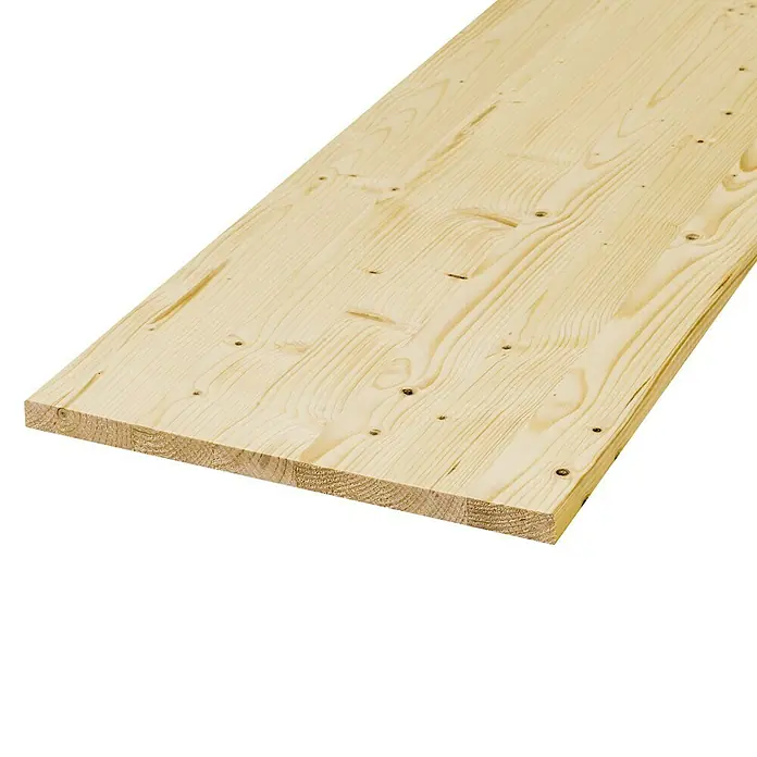 Exclusivholz Leimholzplatte - Fichte, Qualitätsstufe Leimholzplatte: A/B, 1.200 x 500 x 28 mm - Nahaufnahme eines hellen Holzbretts mit sichtbarer Maserung und kleinen Astlöchern auf dunklem Hintergrund.