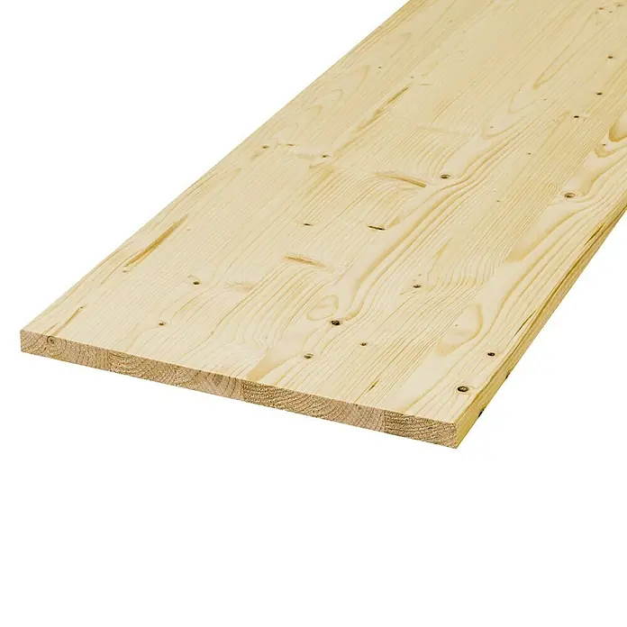 Exclusivholz LeimholzplatteFichte/Tanne, 1.000 x 300 x 18 mm - Ein Brett aus hellem, unbehandeltem Holz mit charakteristischer Maserung und einigen Astlöchern. Ideal für diverse Bau- und Bastelprojekte.