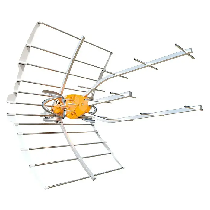 Televés Antena Ellipse UHF 2DD - An x Al: 40 x 56 cm - Imagen de antena. La antena es plateada y tiene un centro naranja. Está diseñada para recibir señales de televisión.