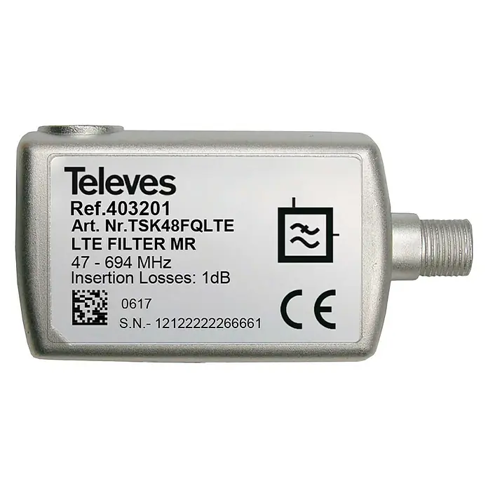 Televés Filtro LTE 5G MR con paso de DC - Plateado, 1 ud. - Filtro LTE de Televes, modelo Ref.403201, diseñado para reducir las interferencias en el rango de frecuencias de 47-694 MHz.