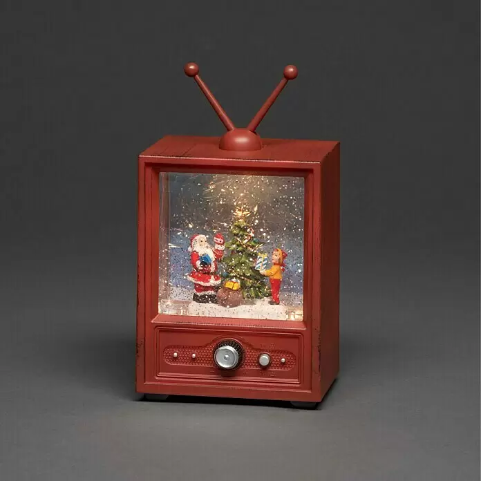 Konstsmide LED-Weihnachtsdekoleuchte Fernseher mit Weihnachtsmann und Kind - 12,5 x 9 x 21,5 cm, Bunt, Braun, Batteriebetrieben, LED - Rotbraune Retro-TV-Schneekugel mit Antennen, mit beleuchteter Weihnachtsszene mit Weihnachtsmann, Baum, Kind und Glitzer im Inneren.