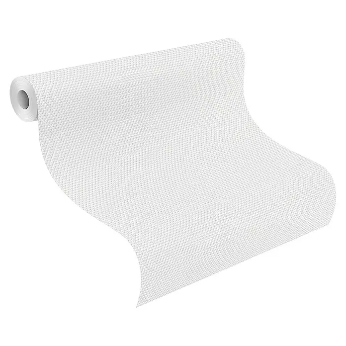 Rasch Vliestapete Feel Good Glasfaser-Optik - Weiß, Uni, 10,05 x 0,53 m, Wabenstruktur - Eine Rolle strukturiertes, weißes Vinyltapete, die sich abrollt und die Textur der Tapete zeigt. Ideal für die Wanddekoration.