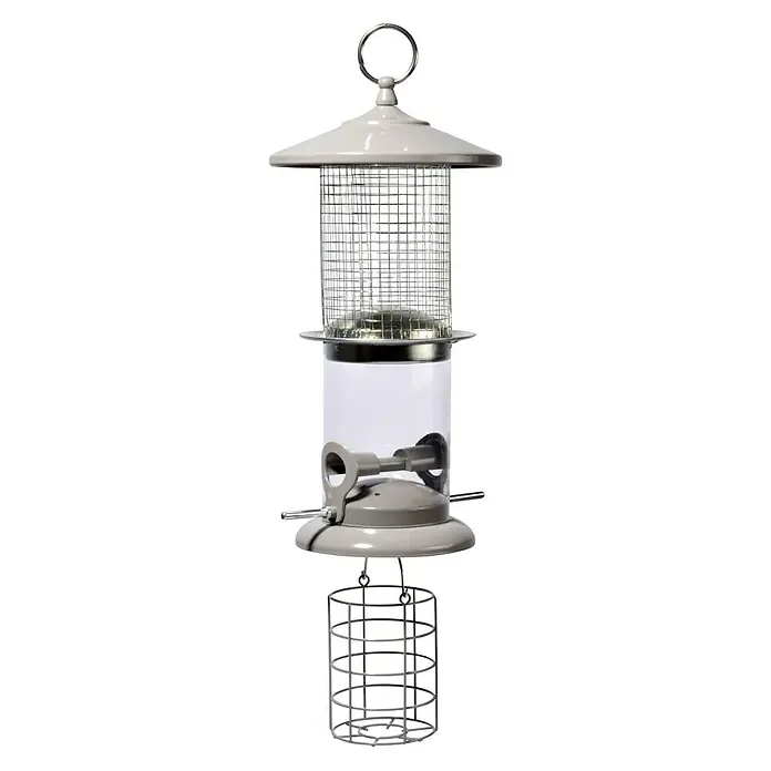 Dobar Multifunktionsfuttersäule - Ø x H: 16 x 50 cm, Metall - Grauer Vogelfutterspender mit Metallkäfig und durchsichtigem Behälter.