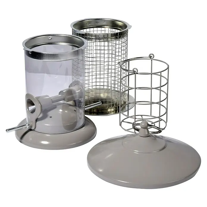 Dobar Multifunktionsfuttersäule - Ø x H: 16 x 50 cm, Metall - Mehrteiliger Wildvogelfutterspender mit transparentem Behälter, Metallkörben & grauem Deckel. Ideal, um Vögel artgerecht zu füttern.