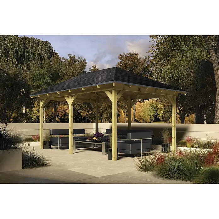 Karibu Pavillon Perida - 485 x 345 cm, Natur - Holzpavillon mit dunklem Dach und Sitzgruppe im Garten. Der Pavillon bietet einen stilvollen und schattigen Platz im Freien.
