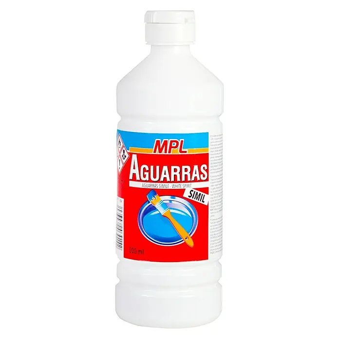 MPL Disolvente líquido Aguarrás Simil - 500 ml - Imagen de una botella de 500 ml de Aguarras Simil White Spirit de MPL, un disolvente para pinturas y barnices, utilizado para limpiar pinceles.
