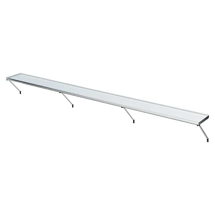 KGT Gewächshaus-Regal - Silber - Eine lange, schmale Aluminiumablage mit ausklappbaren Stützen, ideal für Präsentationen oder als zusätzliche Arbeitsfläche.