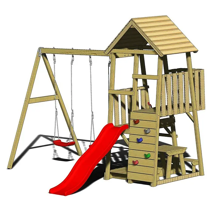 Wendi Toys Kinderspielturm Flamingo - Natur/Rot - Abenteuerlicher Spielturm mit Rutsche, Schaukel und Kletterwand für endlosen Spaß im Garten. Perfekt für aktive Kinder!
