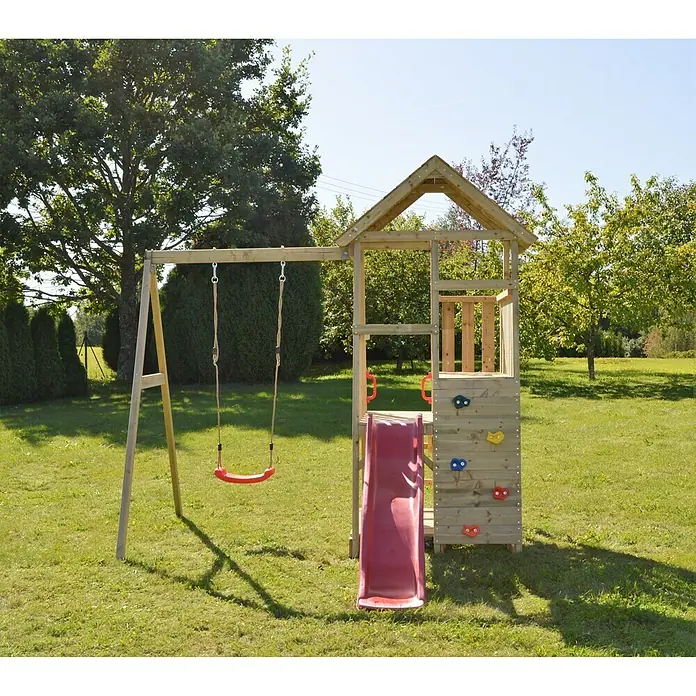 Wendi Toys Kinderspielturm Gorilla - Natur/Rot - Hölzerner Spielplatz mit Schaukel, Rutsche und Kletterwand im Garten für Kinder zum Spielen. Viel Spaß im Freien mit diesem Spielgerät.