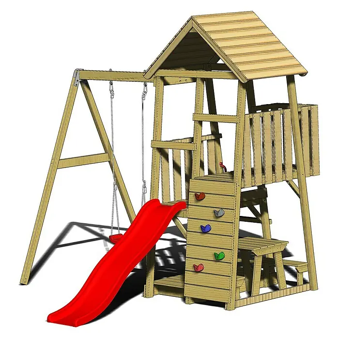 Wendi Toys Kinderspielturm Gorilla - Natur/Rot - Ein Holzspielplatz mit Schaukel, Rutsche, Kletterwand und Turm für stundenlangen Spielspaß im Garten.