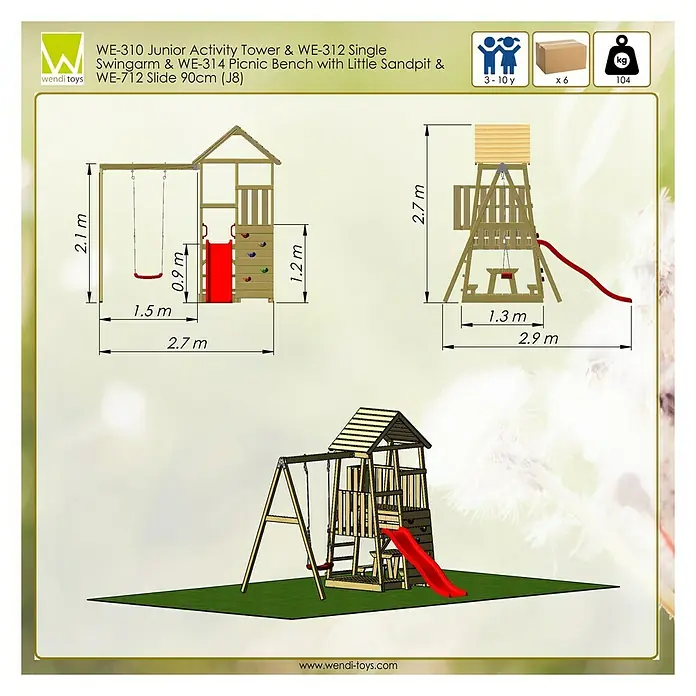 Wendi Toys Kinderspielturm Gorilla - Natur/Rot - Bild der WE-310 Junior Activity Tower & WE-312 Einzelschaukelarm & WE-314 Picknickbank mit Sandkasten & WE-712 Rutsche 90cm (J8) mit Maßen.