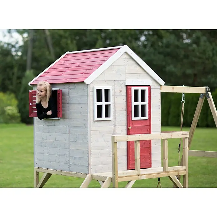 Wendi Toys Spielhaus Zebra - Glas, Natur/Rot - Ein charmantes Spielhaus mit rotem Dach und Fensterläden, das zum fantasievollen Spielen im Garten einlädt.