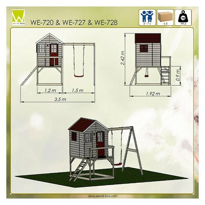 Wendi Toys Spielhaus Zebra - Glas, Natur/Rot - Abbildung eines Wendi Toys Spielhauses WE-720, WE-727 und WE-728 mit Schaukel und Rutsche, geeignet für Kinder von 3-7 Jahren.