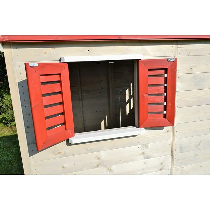 Wendi Toys Spielhaus Elefant - Glas, Natur/Rot - Detailansicht eines Holzspielhauses mit roten Fensterläden, die teilweise geöffnet sind, und einem weißen Fensterrahmen.