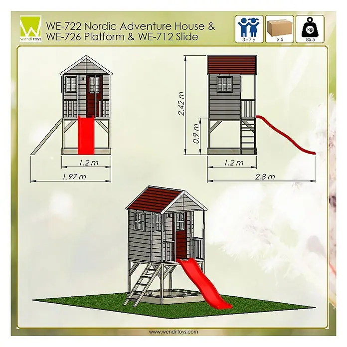 Wendi Toys Spielhaus Frosch - L x B x H: 290 x 197 x 242 cm, Holz, Natur/Rot - Abbildung des Nordic Adventure House WE-722 mit Plattform WE-726 und Rutsche WE-712 von Wendi Toys, ideal für Kinder von 3-7 Jahren.