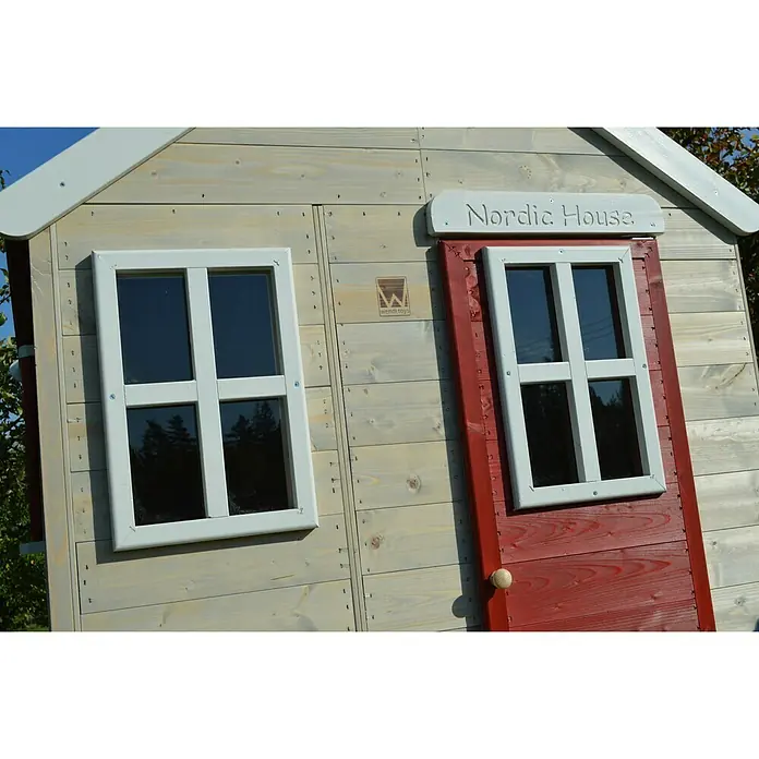 Wendi Toys Spielhaus Storch - Glas, Natur/Rot - Ein niedliches Spielhaus "Nordic House" mit Fenster und rot gestrichener Tür für Kinder im Garten.