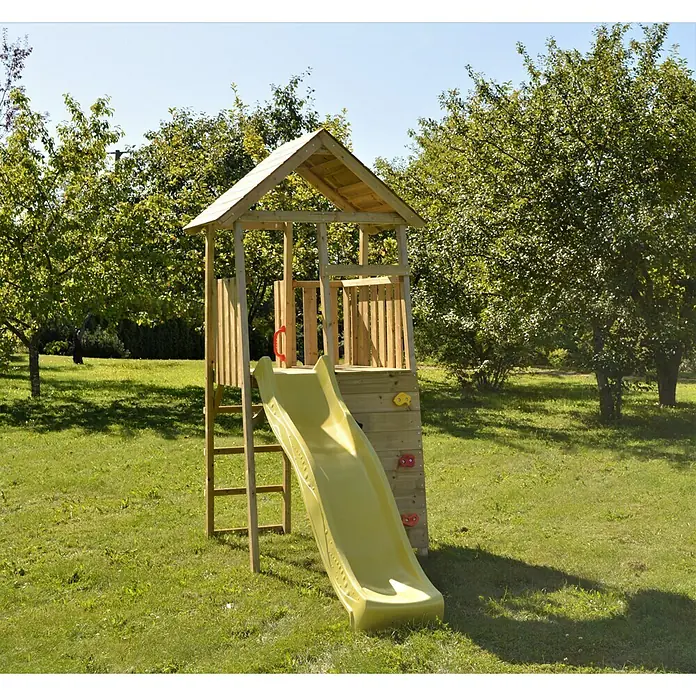 Wendi Toys Kinderspielturm Falke - Natur/Gelb - Kinderspielhaus mit Rutsche und Kletterwand im Garten. Das Holzspielhaus bietet Spaß und fördert die Aktivität im Freien.