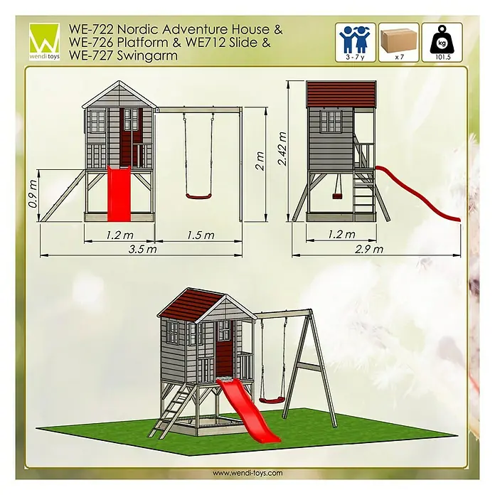 Wendi Toys Spielhaus Alpaka - Glas, Natur/Rot - Abbildung eines WE-722 Nordic Adventure House mit WE-726 Plattform, WE712 Rutsche und WE-727 Schaukelarm, mit Maßangaben.