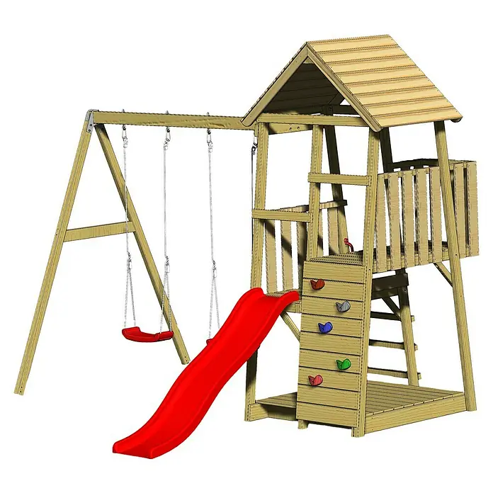 Wendi Toys Kinderspielturm Salamander - Natur/Rot - Holzspielplatz mit Schaukel, Rutsche und Kletterwand. Perfekt für stundenlangen Spaß im Garten mit diesem robusten Spielturm.