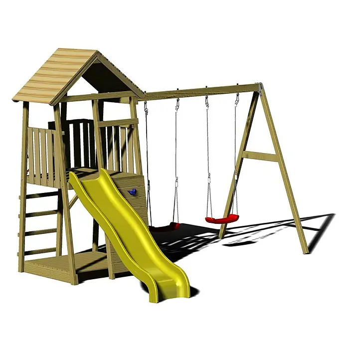 Wendi Toys Kinderspielturm Pinguin - Natur/Gelb - Das Bild zeigt ein hölzernes Spielgerät mit Rutsche und Schaukel, ideal für den Garten und aktive Kinder.