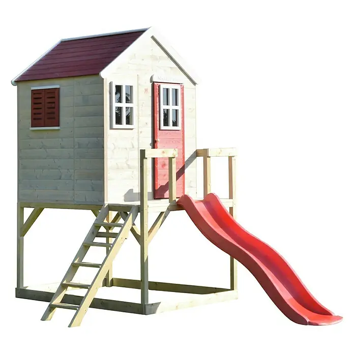 Wendi Toys Spielhaus Tiger - Glas, Natur/Rot - Kinderspielhaus mit Rutsche, Leiter und rotem Dach. Das Holzhaus bietet Kindern einen tollen Spielplatz im Garten.