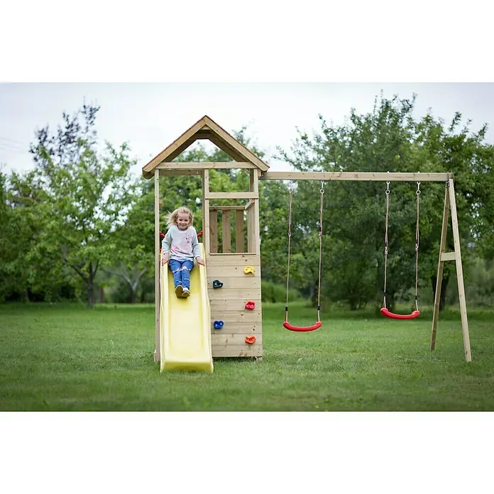 Wendi Toys Kinderspielturm Giraffe - Natur/Gelb - Kinderrutsche und Schaukelset aus Holz mit Kletterwand für den Garten, ideal für aktive Kinder.