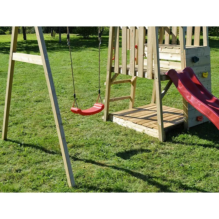Wendi Toys Kinderspielturm Panda - Natur/Rot - Bild eines Spielplatzes mit Schaukel und Rutsche. Ein tolles Spielgerät für Kinder zum Klettern, Schaukeln und Rutschen im Freien.