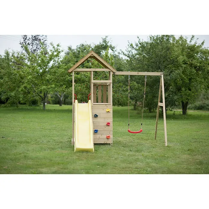 Wendi Toys Kinderspielturm Pelikan - Natur/Gelb - Spielplatzgerät mit Rutsche, Schaukel und Kletterwand im Garten. Das Holzspielgerät bietet vielseitige Spielmöglichkeiten für Kinder.
