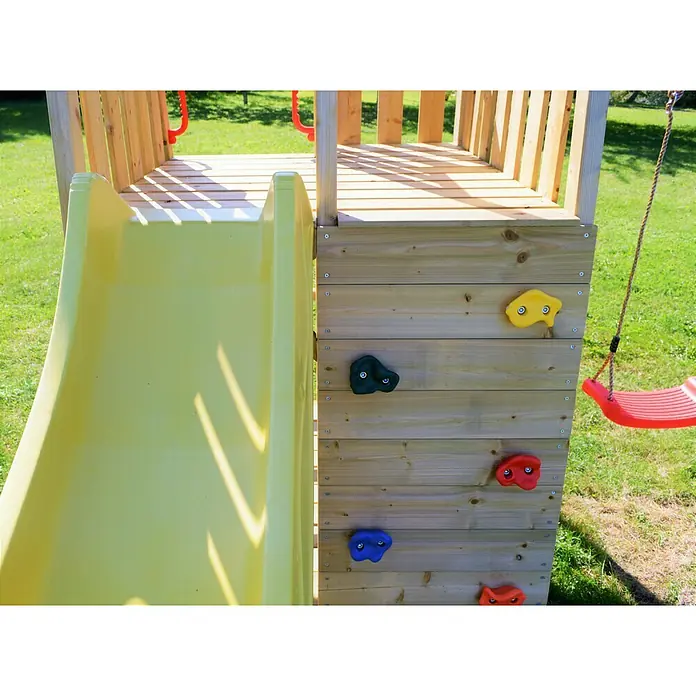 Wendi Toys Kinderspielturm Pelikan - Natur/Gelb - Detailansicht einer bunten Spielturm-Kletterwand mit Rutsche und Schaukel. Ideal für aktive Kinder und den Garten.