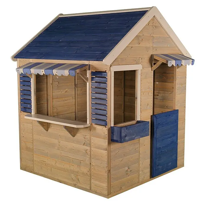 Wendi Toys Spielhaus Delfin - Holz, Natur/Blau - Ein blau-holzfarbenes Kinderspielhaus mit Fensterläden und einem Schalter. Ideal für fantasievolles Spielen im Garten.