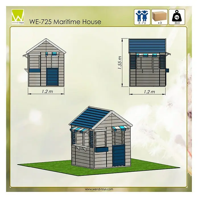 Wendi Toys Spielhaus Delfin - Holz, Natur/Blau - Ansichten des maritimen Spielhauses WE-725 von Wendi Toys, mit Maßangaben und Alters-/Gewichtsempfehlungen für Kinder von 3-7 Jahren.