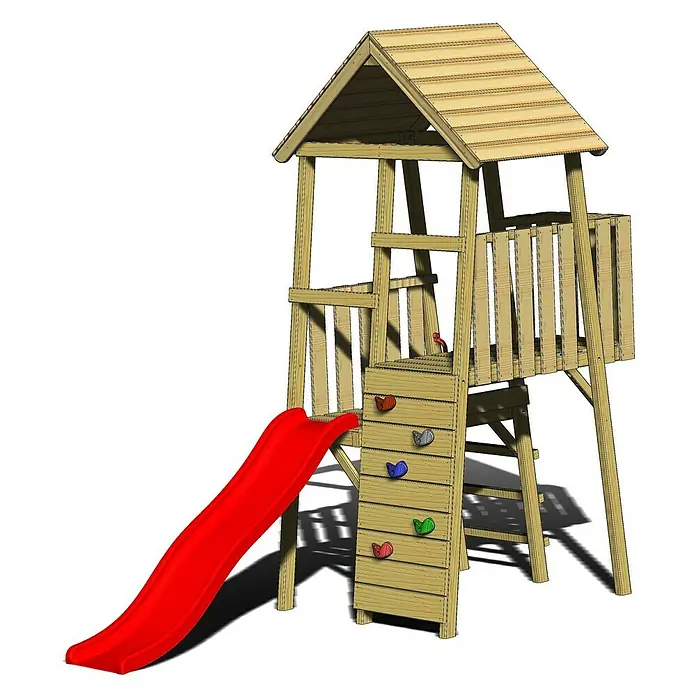 Wendi Toys Kinderspielturm Hase - Natur/Rot - Bild eines hölzernen Spielturms mit Rutsche und Kletterwand, ideal für Kinder zum Spielen im Freien.