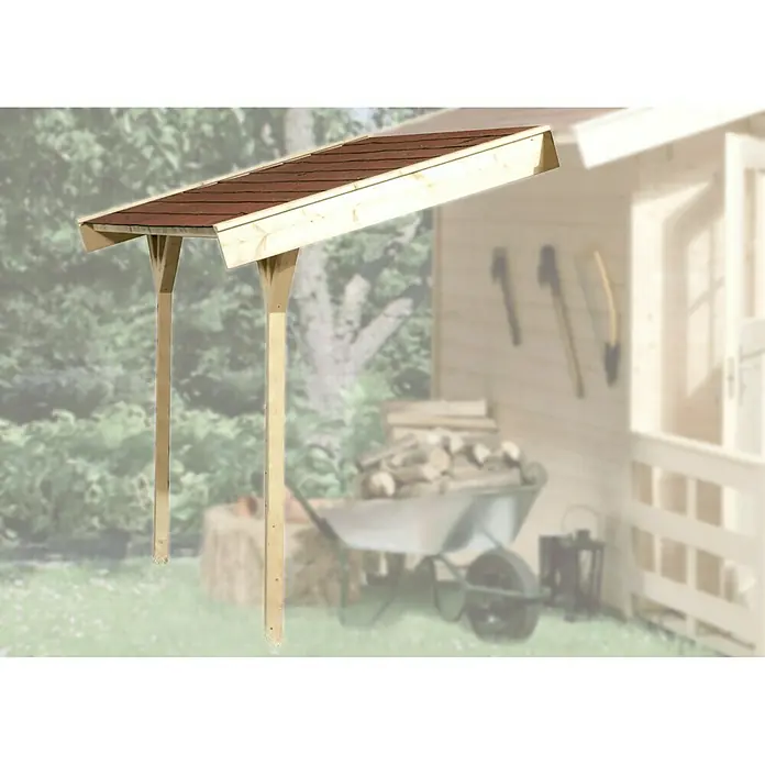 Weka Seitendach-Set - Passend für: Weka Gartenhaus ab T: 300 cm und Wandstärke 28/45 mm - Produktbild eines hölzernen Unterstandes mit rotem Dach, ideal für den Garten oder als Holzlager. Schützt vor Witterungseinflüssen.