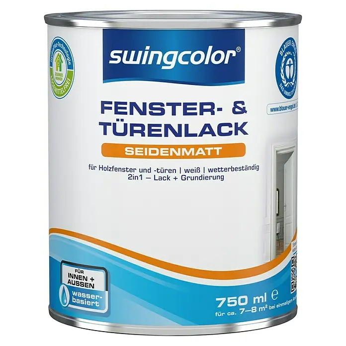 swingcolor Fenster- & Türenlack Acryl - Weiß, Seidenmatt, 750 ml, Wasserbasiert - Dose Swingcolor Fenster- & Türenlack seidenmatt, 750 ml. Ideal für Holzfenster und -türen, wetterbeständig und wasserbasiert.